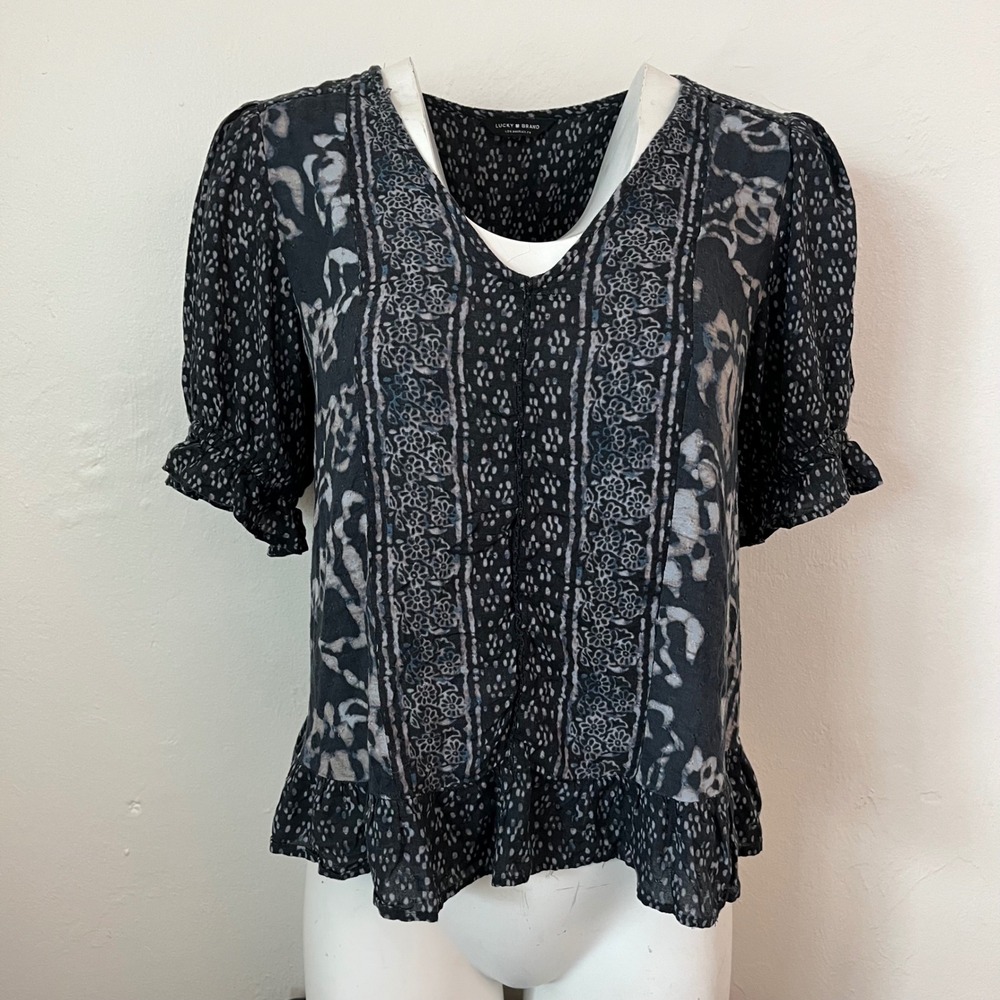 Lucky Brand Women Black Mixed Print V-Neck Peplum Blouse Short Puff Sleeve S/P